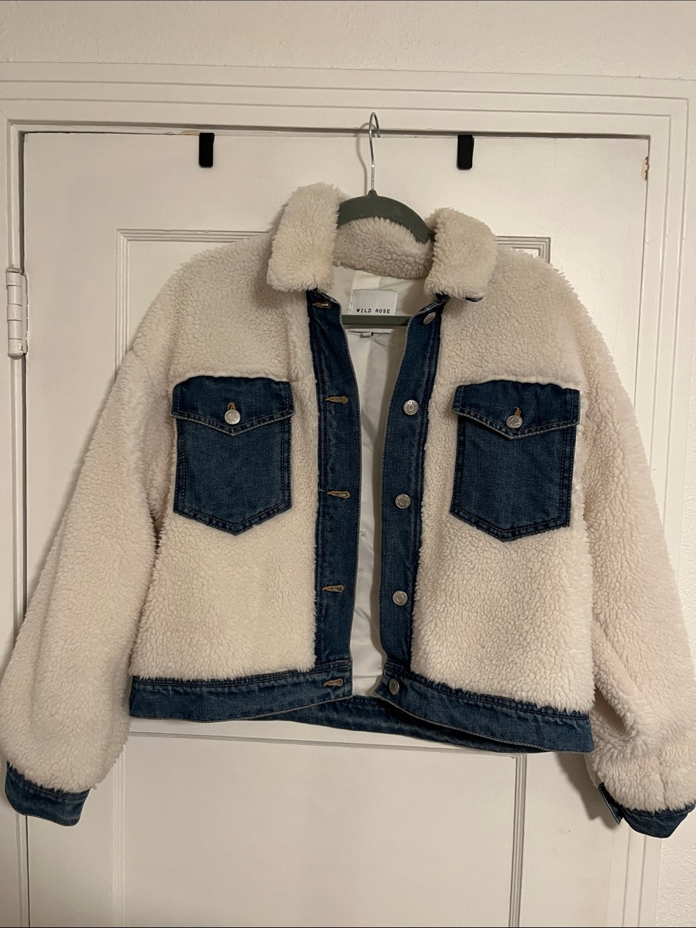 wild fable Cream Sherpa Jacket with Dark Blue Denim Trim